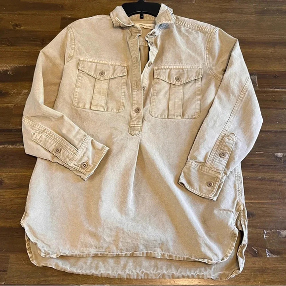 Madewell Pop Over Shirt Utility Military Tunic Oversized Long Line Tan Ash Green - Picture 7 of 13